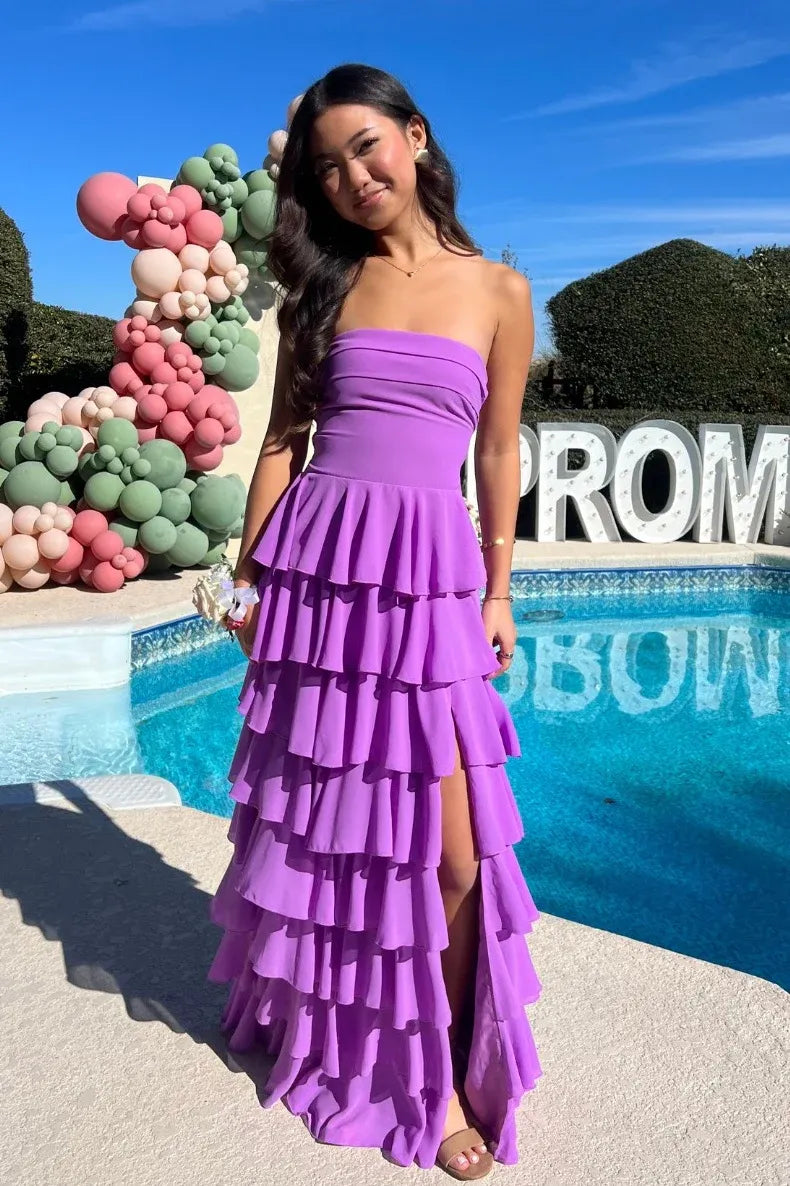 Vibrant Chiffon Long Evening Dress Purple Strapless Ruffled Party Gown for Women