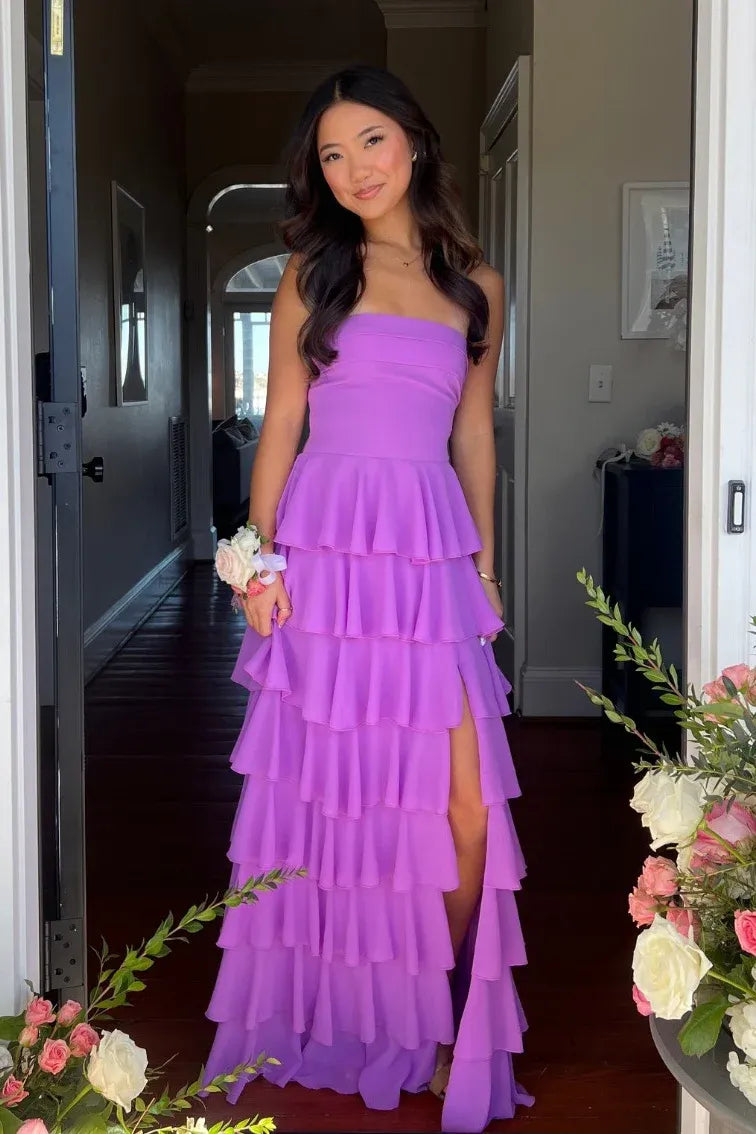 Vibrant Chiffon Long Evening Dress Purple Strapless Ruffled Party Gown for Women