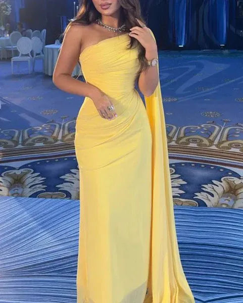 Vibrant Chiffon Long Evening Dress Yellow One-Shoulder Cape-Sleeve Party Gown for Women