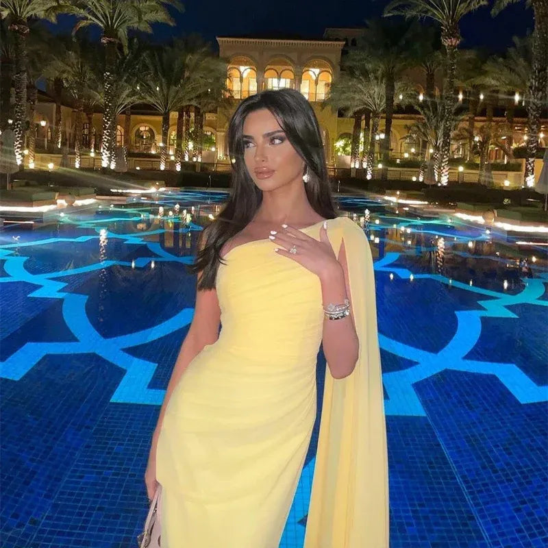 Vibrant Chiffon Long Evening Dress Yellow One-Shoulder Cape-Sleeve Party Gown for Women