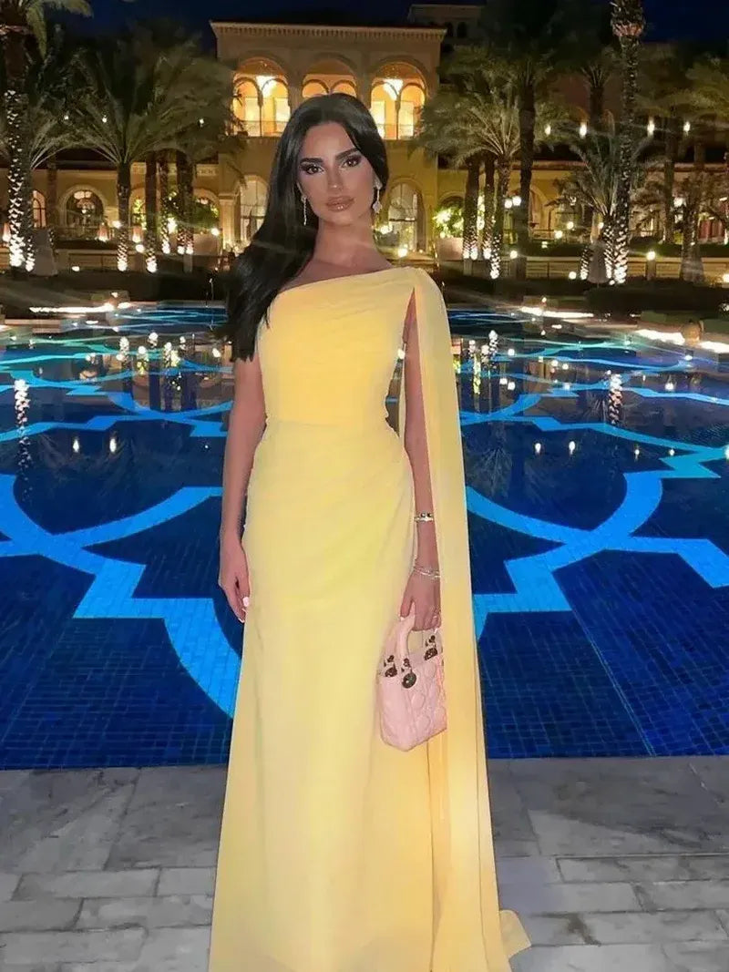 Vibrant Chiffon Long Evening Dress Yellow One-Shoulder Cape-Sleeve Party Gown for Women