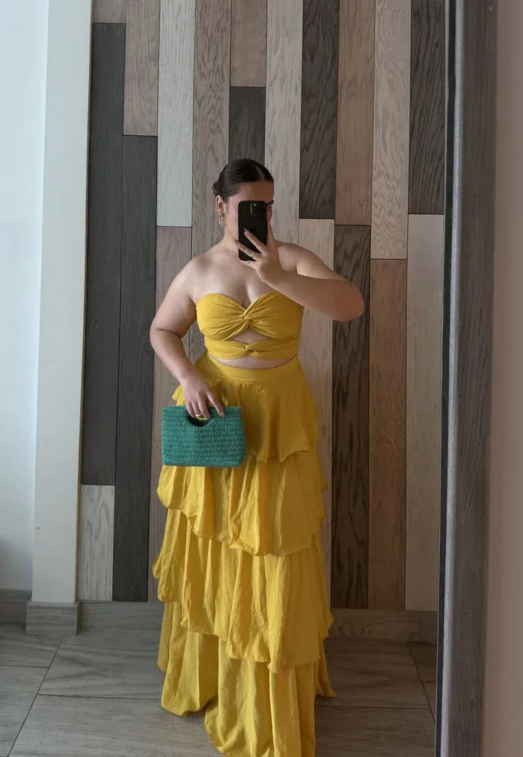 Vibrant Chiffon Two-Piece Long Evening Dress Yellow Strapless Cutout for Women
