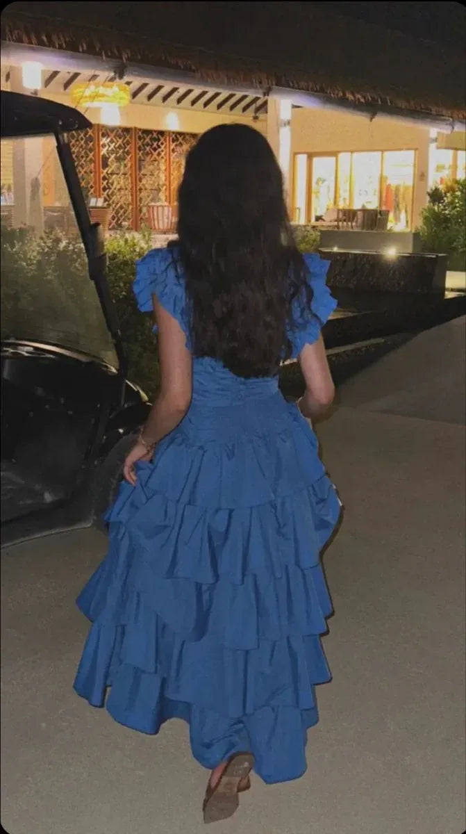 Vibrant Cotton-Linen Long Evening Dress Royal Blue V-Neck Ruffle-Sleeve for Women