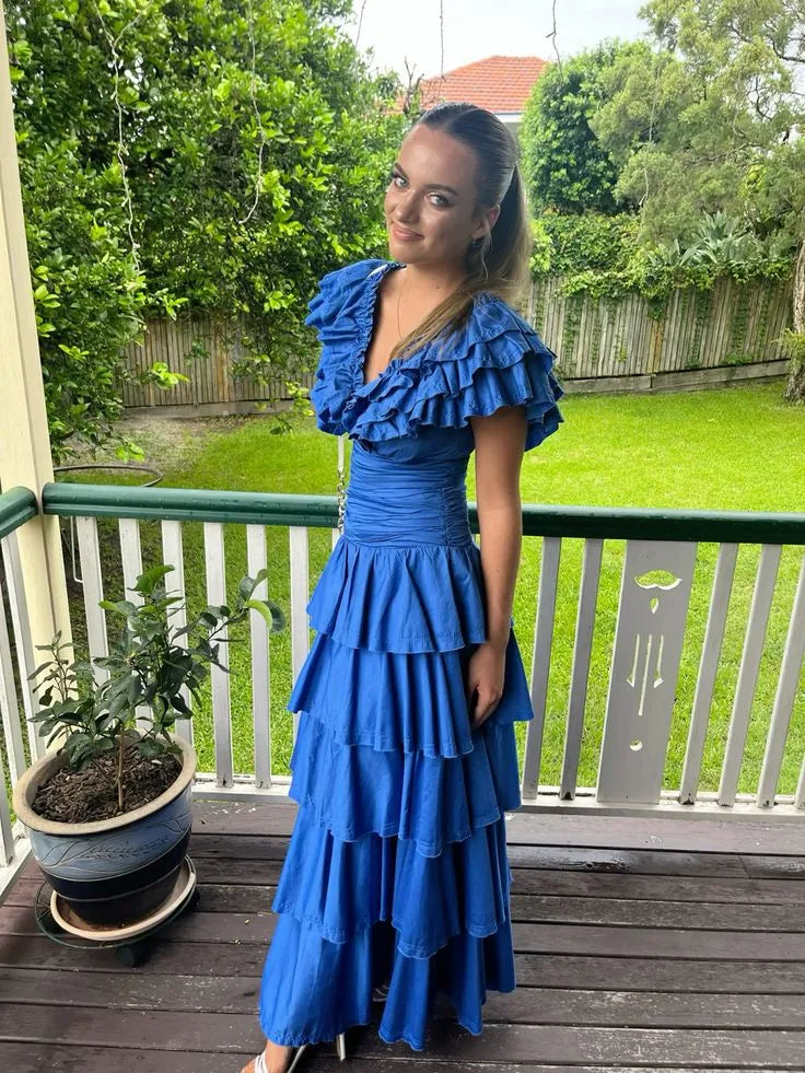 Vibrant Cotton-Linen Long Evening Dress Royal Blue V-Neck Ruffle-Sleeve for Women