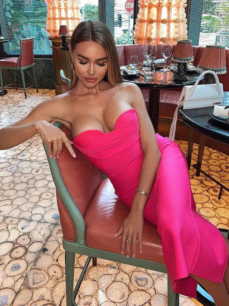 Vibrant Knit Long Evening Dress Hot Pink Strapless Heart-Neck for Women