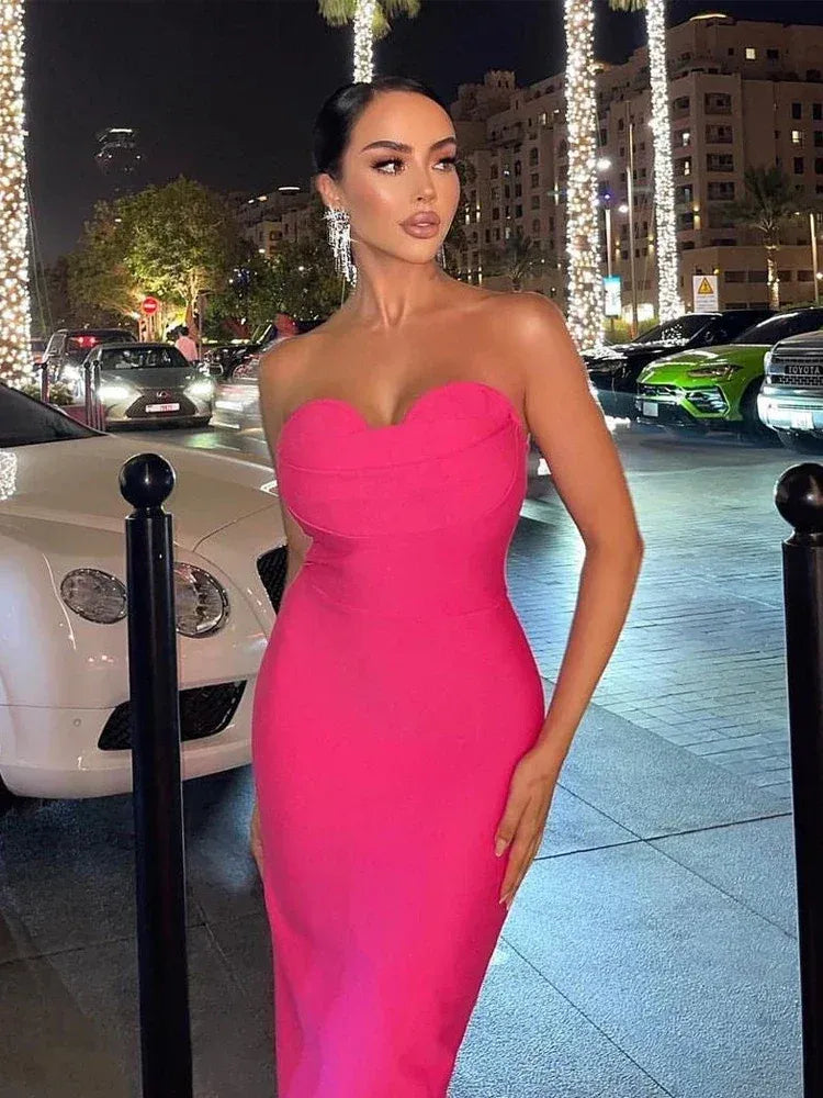 Vibrant Knit Long Evening Dress Hot Pink Strapless Heart-Neck for Women