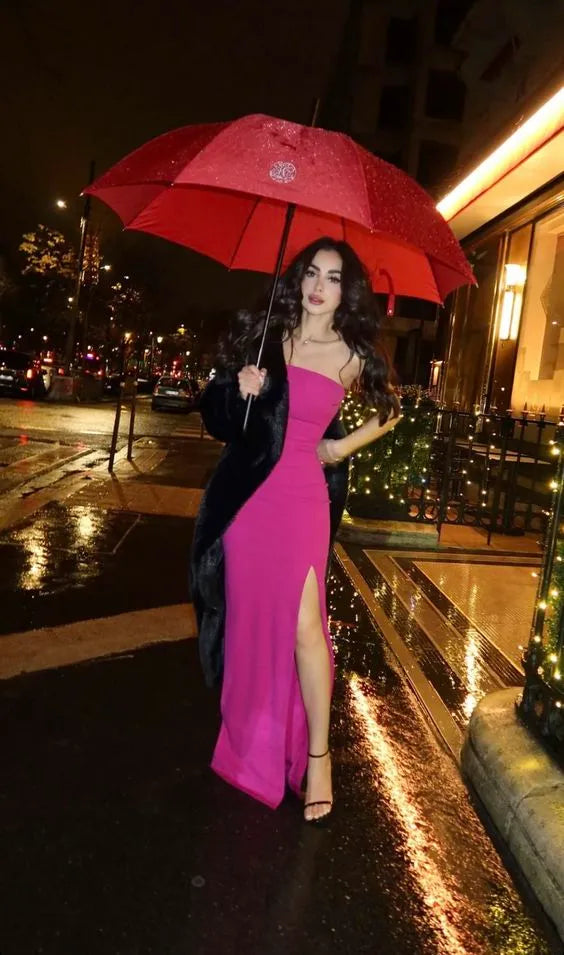 Vibrant Knit Long Evening Dress Hot Pink Strapless Thigh-Slit for Women