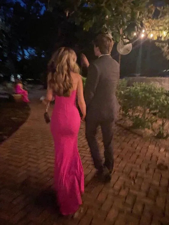 Vibrant Knit Long Evening Dress Hot Pink Strapless Thigh-Slit for Women