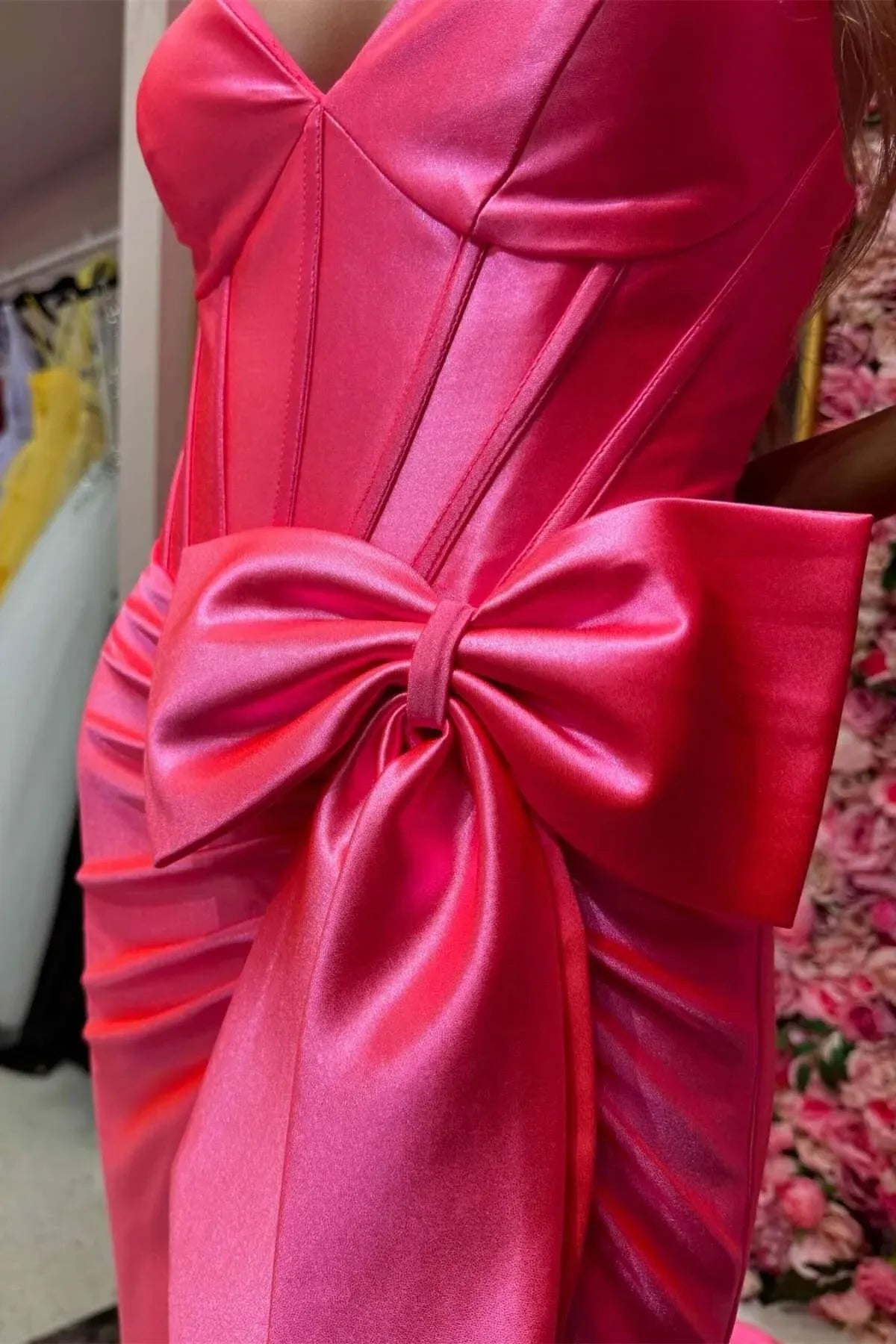 Vibrant Mermaid Deep V-Neck Sleeveless Bow-Accent Satin Neon Pink Floor-Length Evening Dress For Women