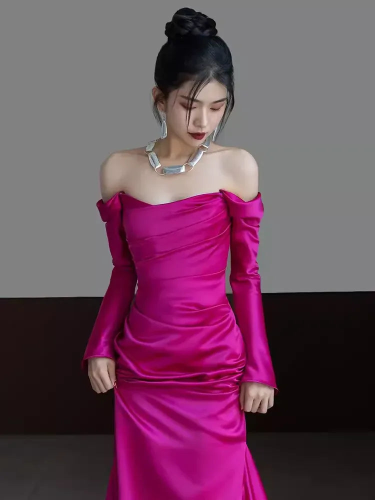 Vibrant Mermaid Off-the-Shoulder Long-Sleeve Ruched Magenta Maxi Prom Dress for Women Custom