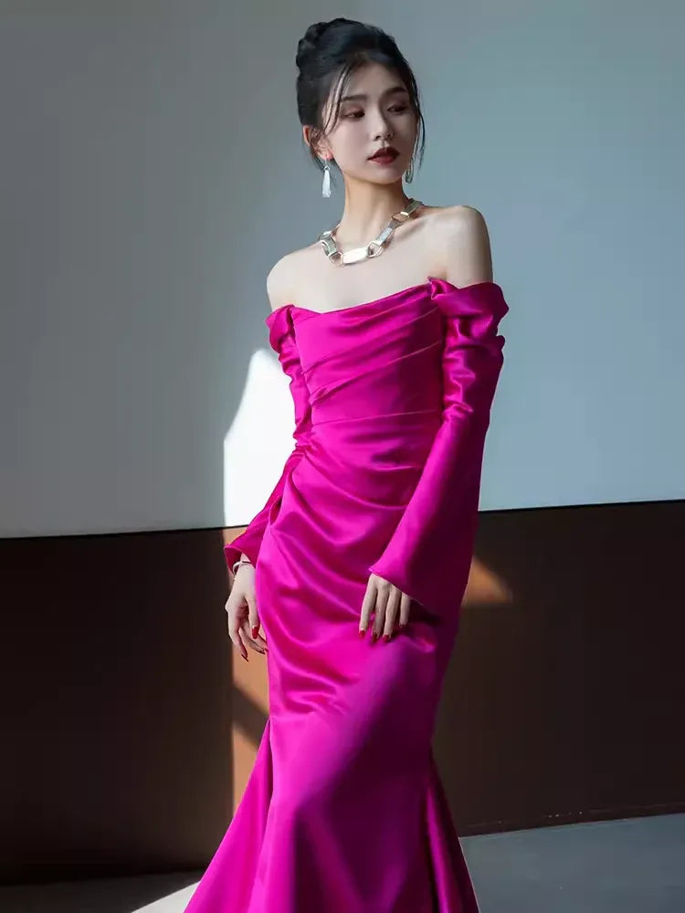 Vibrant Mermaid Off-the-Shoulder Long-Sleeve Ruched Magenta Maxi Prom Dress for Women Custom