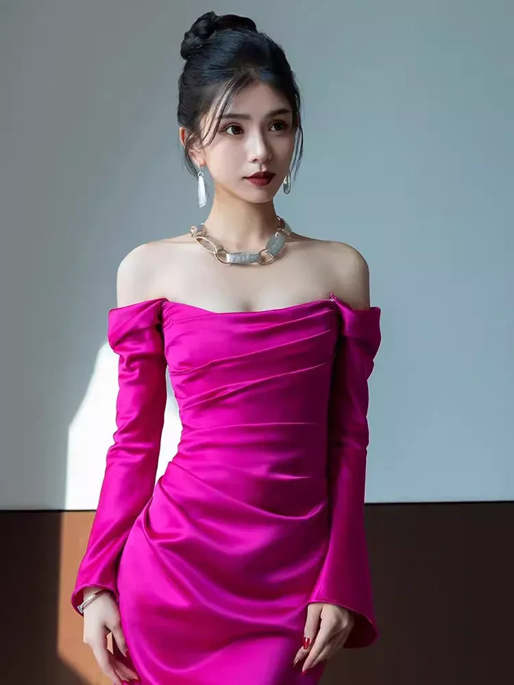 Vibrant Mermaid Off-the-Shoulder Long-Sleeve Ruched Magenta Maxi Prom Dress for Women Custom