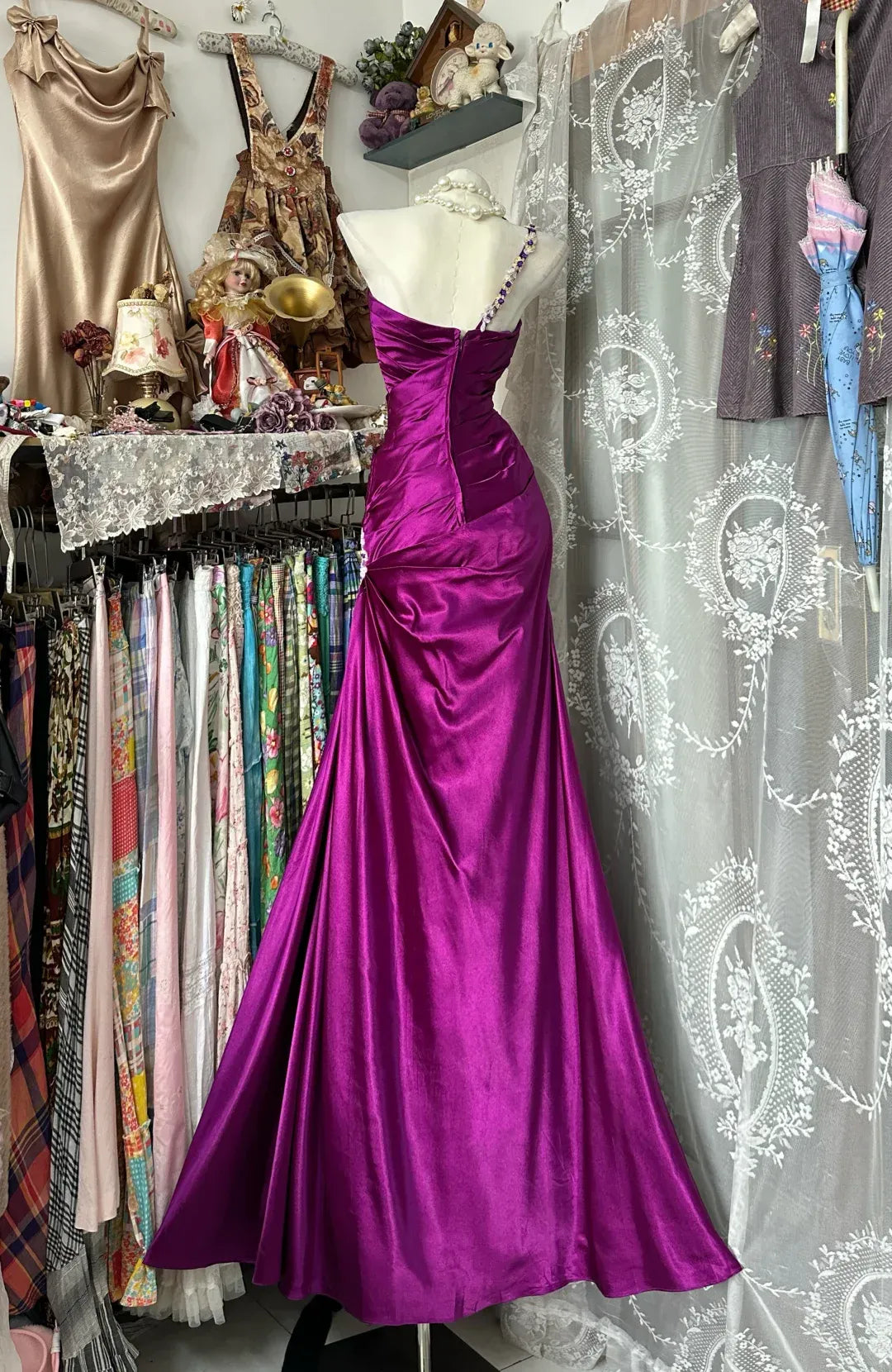 Vibrant Mermaid One-Shoulder Sleeveless Beaded Satin Magenta Floor-Length Evening Dress for Women