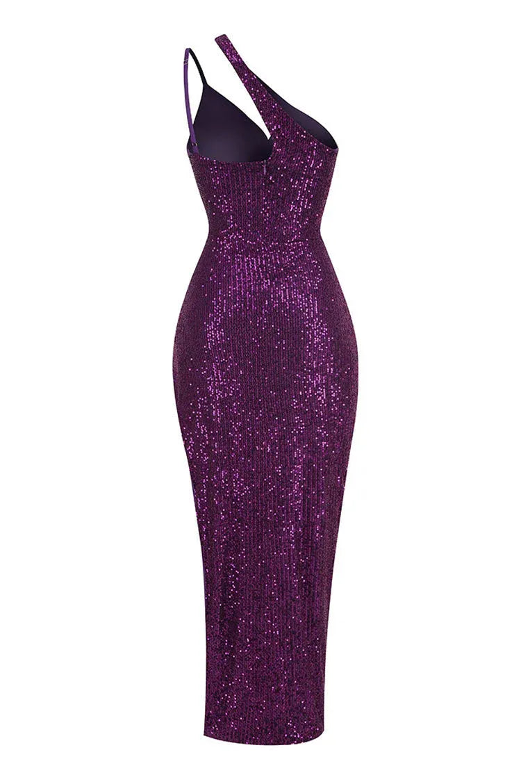 Vibrant Mermaid One-Shoulder Sleeveless Sequin Plum Floor-Length Evening Dress for Women
