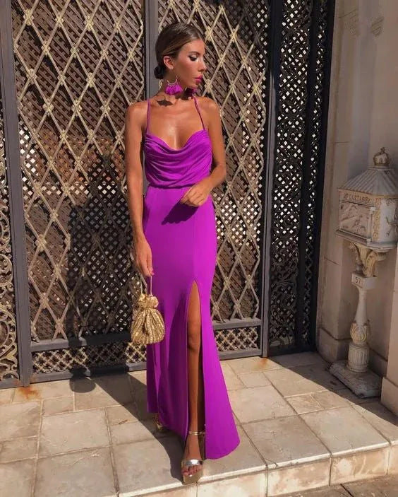 Vibrant Mermaid Cowl Neck Spaghetti Purple Slit Crisscross Prom Dress Custom