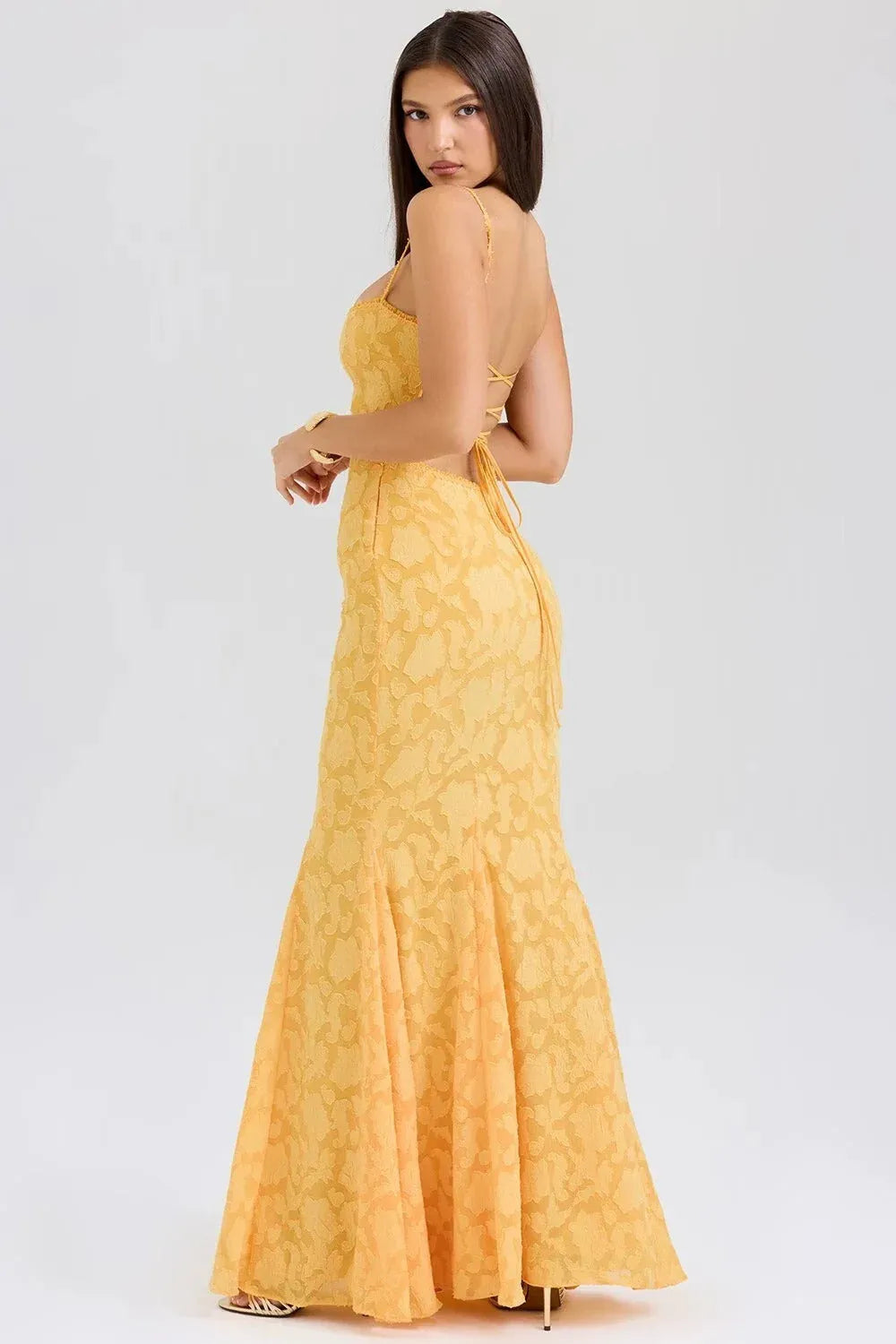 Vibrant Mermaid Spaghetti Strap Lace-Up Back Jacquard Yellow Floor Length Prom Dress