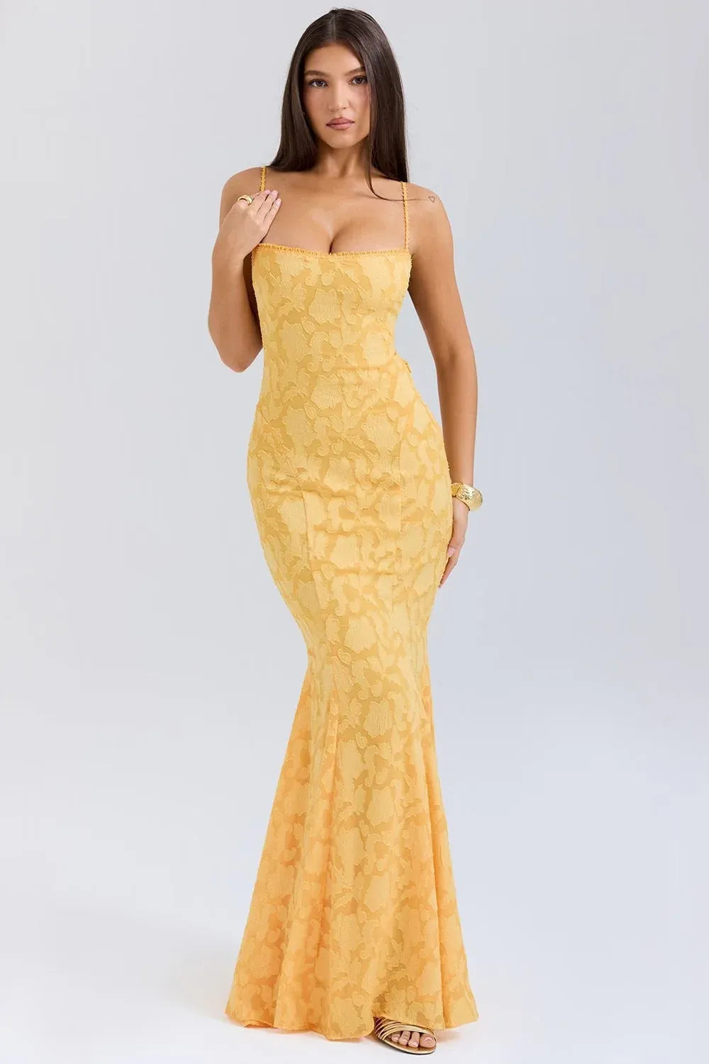 Vibrant Mermaid Spaghetti Strap Lace-Up Back Jacquard Yellow Floor Length Prom Dress