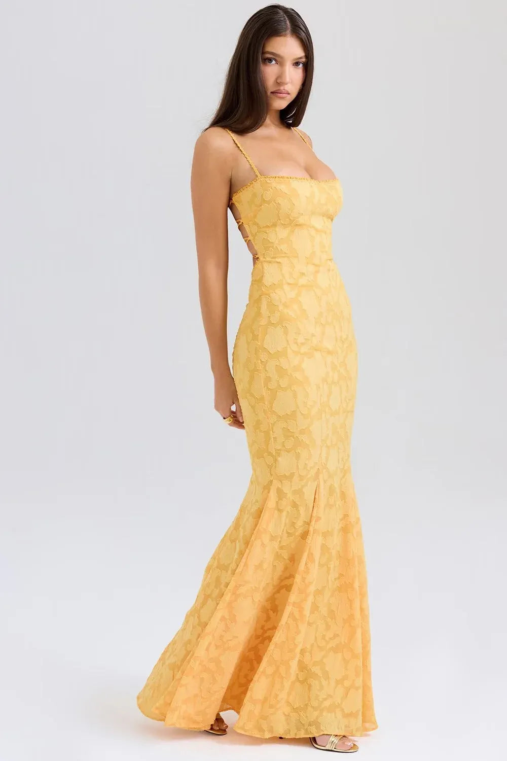 Vibrant Mermaid Spaghetti Strap Lace-Up Back Jacquard Yellow Floor Length Prom Dress