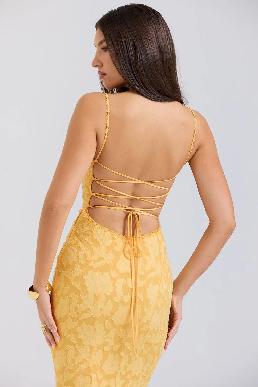 Vibrant Mermaid Spaghetti Strap Lace-Up Back Jacquard Yellow Floor Length Prom Dress