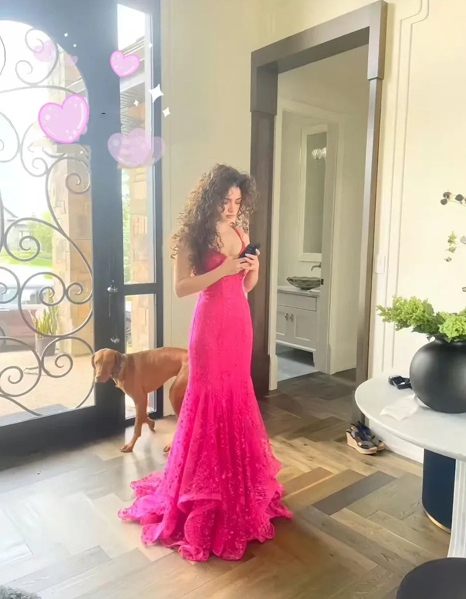 Vibrant Mermaid Spaghetti Straps Sequin Hot Pink Train Prom Dress For Sale