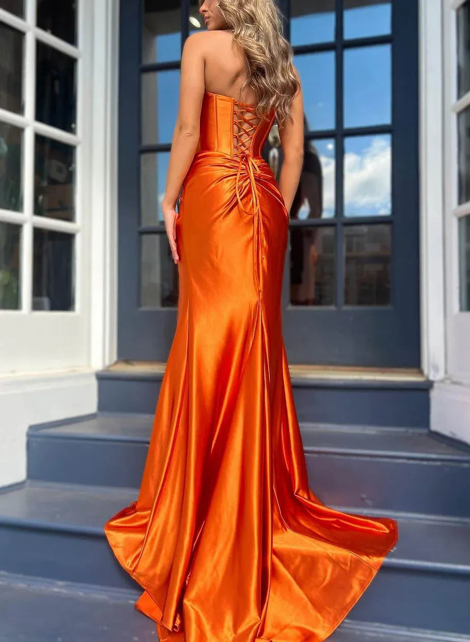 Vibrant Mermaid Strapless Corset Twist Ruched Orange Train Prom Dress With Slit