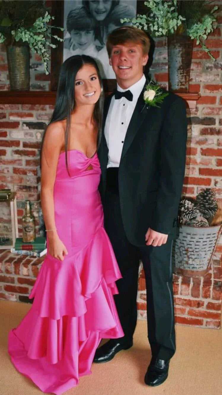 Vibrant Mermaid Strapless Tiered-Ruffle Satin Hot Pink Maxi Evening Dress for Women