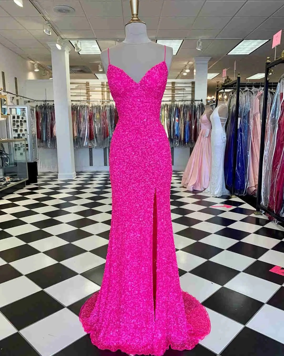 Vibrant Mermaid Sweetheart Neck Sleeveless Sequin Hot Pink Maxi Prom Dress for Women Hot Sale