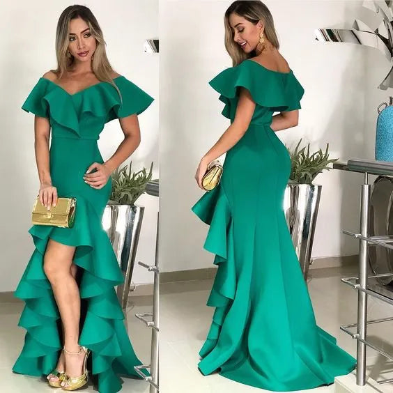 Vibrant Satin Long Evening Dress Emerald Green Off-Shoulder Ruffled for Women