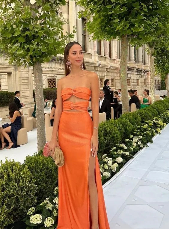 Vibrant Satin Two-Piece Long Evening Dress Orange Strapless Cutout for Women