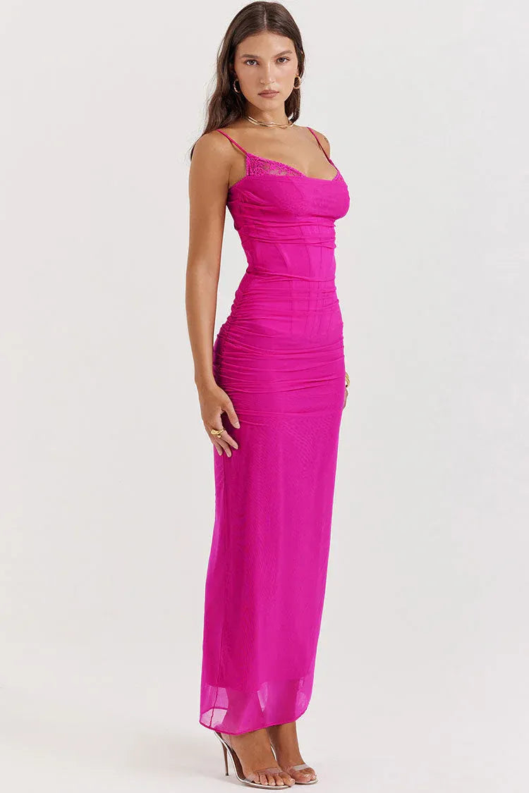 Vibrant Sheath Cowl-Neck Sleeveless Ruched Fuchsia Maxi Prom Dress for Women hot sale