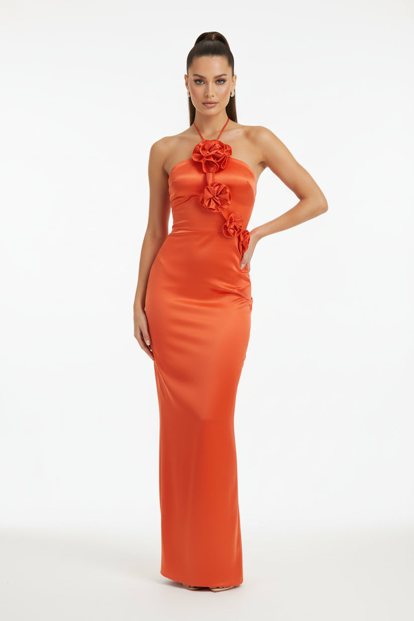 Vibrant Sheath Halter-Neck Flower-Accent Satin Coral Maxi Evening Dress for Women
