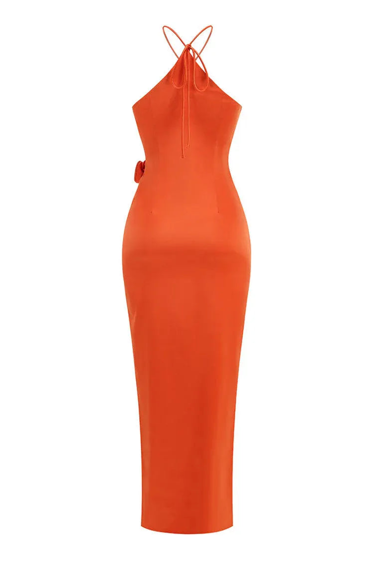 Vibrant Sheath Halter-Neck Flower-Accent Satin Coral Maxi Evening Dress for Women
