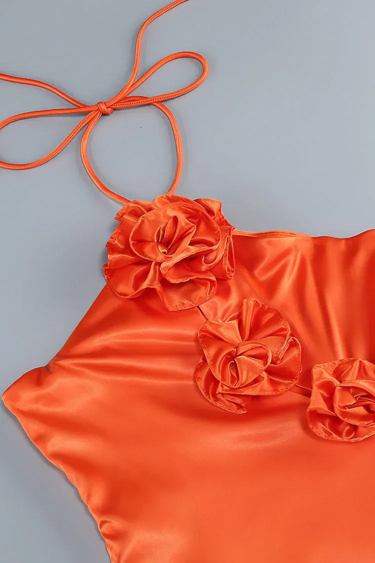 Vibrant Sheath Halter-Neck Flower-Accent Satin Coral Maxi Evening Dress for Women