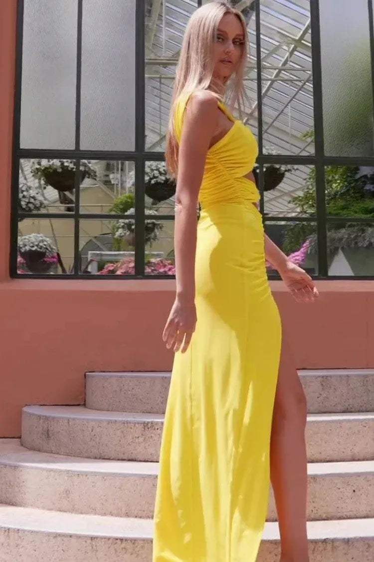 Vibrant Sheath One-Shoulder Sleeveless Cutout-Accented Yellow Maxi Prom Dress for Women ready to ship