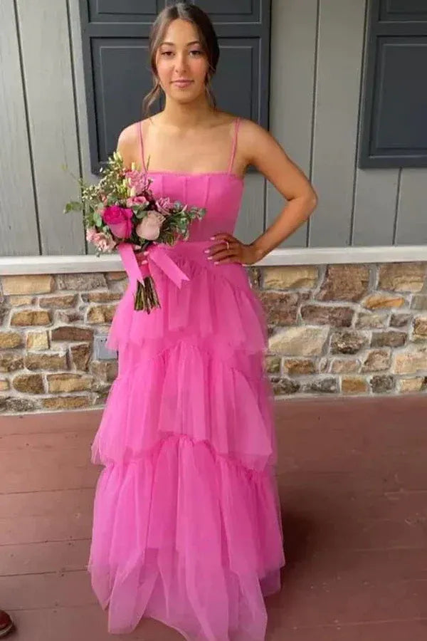 Vibrant Tulle Long Evening Dress Hot Pink Square Neck Sleeveless for Women