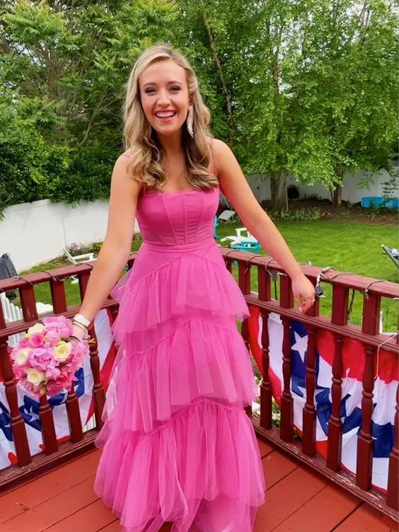 Vibrant Tulle Long Evening Dress Hot Pink Square Neck Sleeveless for Women
