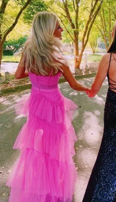 Vibrant Tulle Long Evening Dress Hot Pink Square Neck Sleeveless for Women
