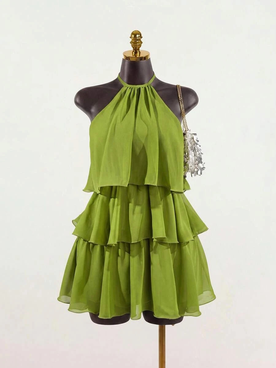 Vibrant A-Line Halter Tie Tiered Ruffle Lime Green Short Homecoming Dress