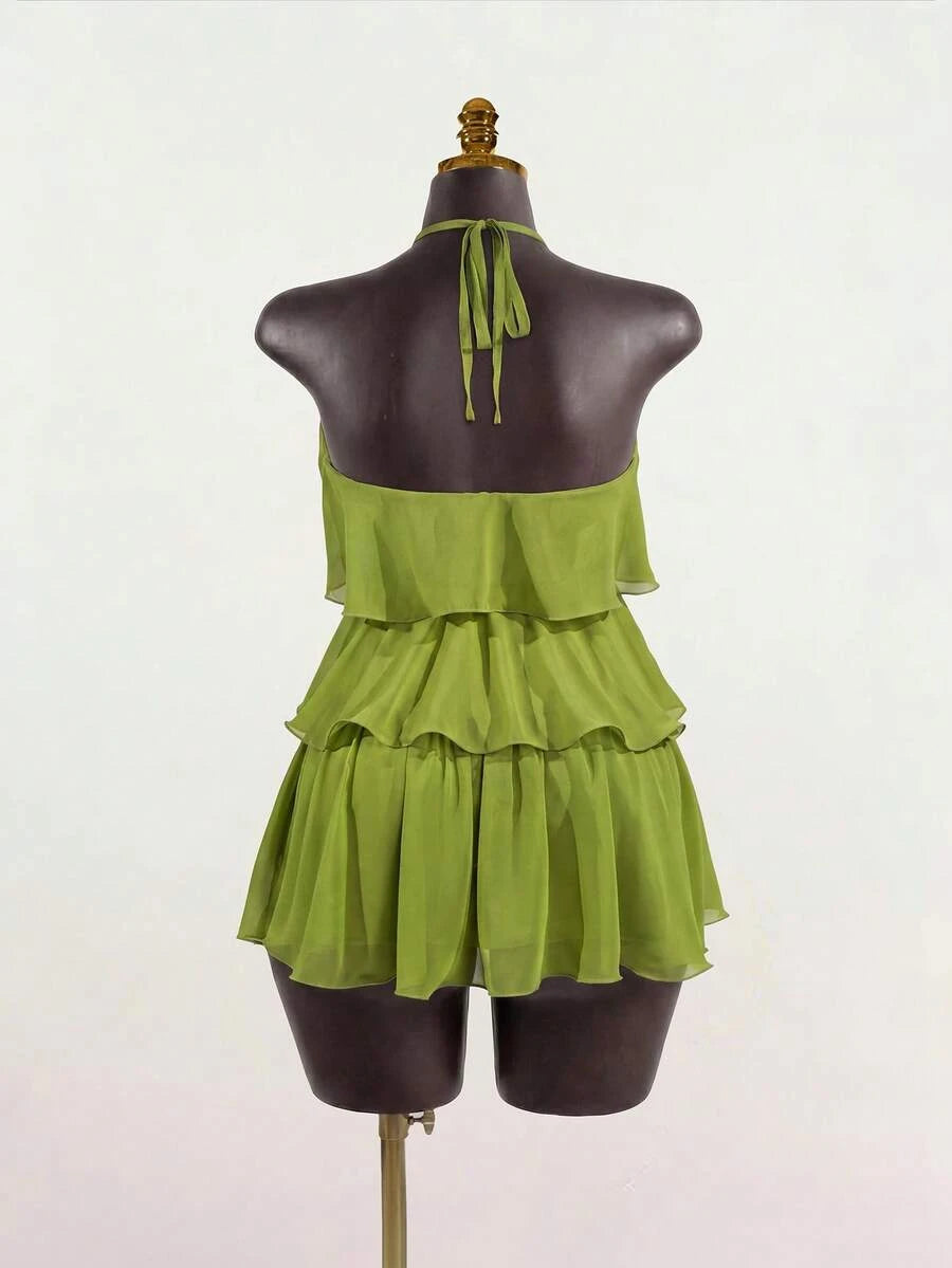 Vibrant A-Line Halter Tie Tiered Ruffle Lime Green Short Homecoming Dress