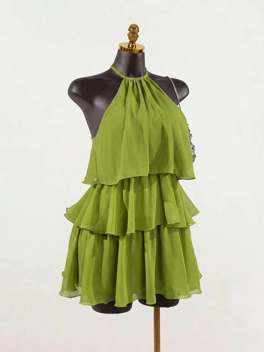 Vibrant A-Line Halter Tie Tiered Ruffle Lime Green Short Homecoming Dress