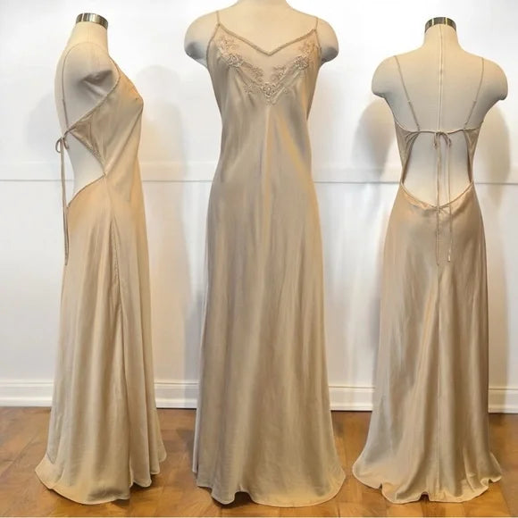 Victorian Spaghetti Strap Floral Embroidery Satin Champagne Long Party Dress