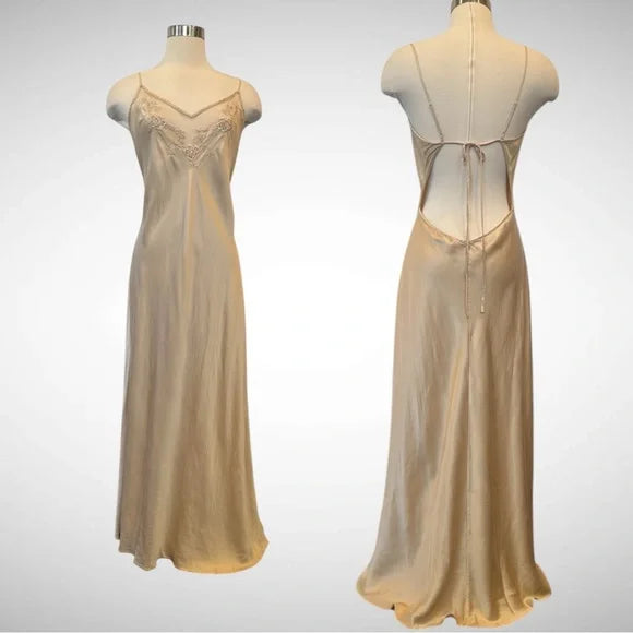 Victorian Spaghetti Strap Floral Embroidery Satin Champagne Long Party Dress