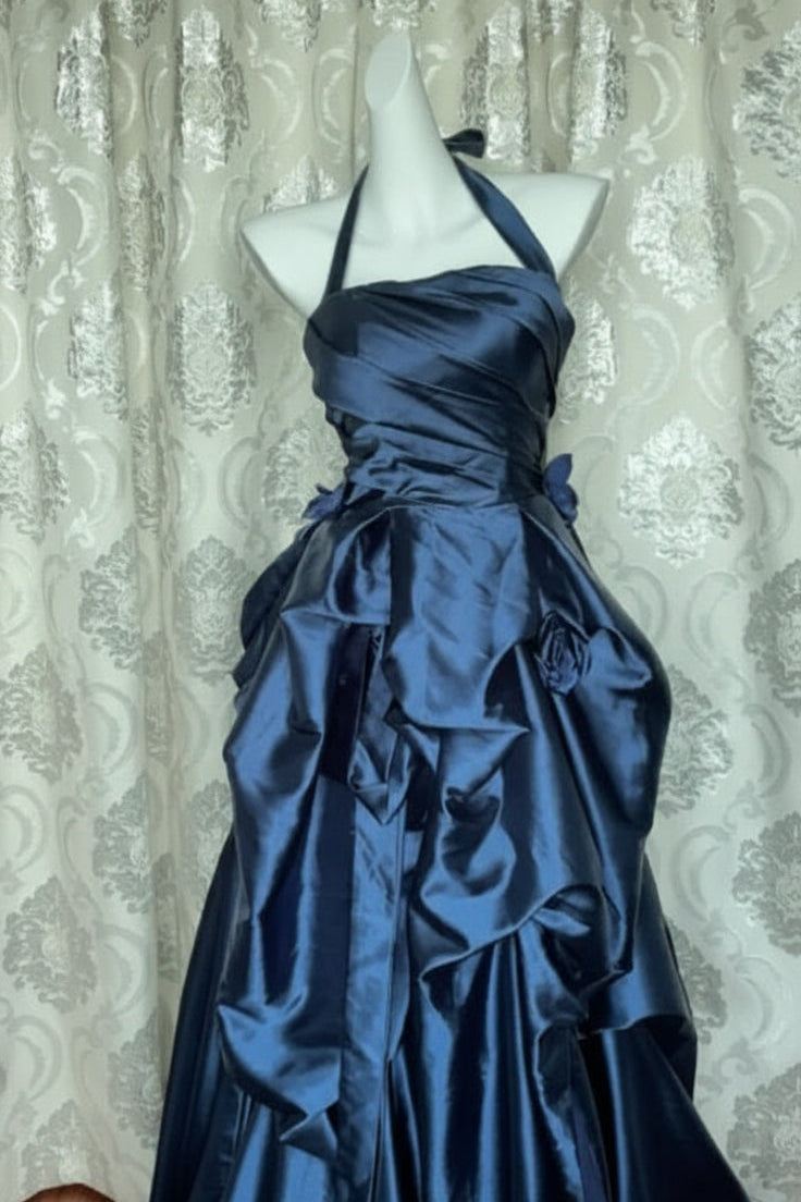 Vintage A-Line Halter Satin Navy Blue Long Evening Dresses Prom Dresses