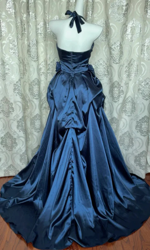 Vintage A-Line Halter Satin Navy Blue Long Evening Dresses Prom Dresses