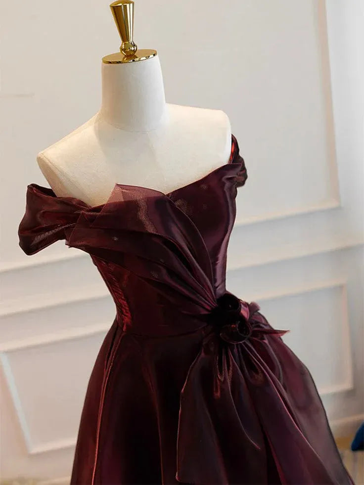 Vintage A-Line Off-Shoulder Lace Up Organza Burgundy Long Prom Dress With Bow