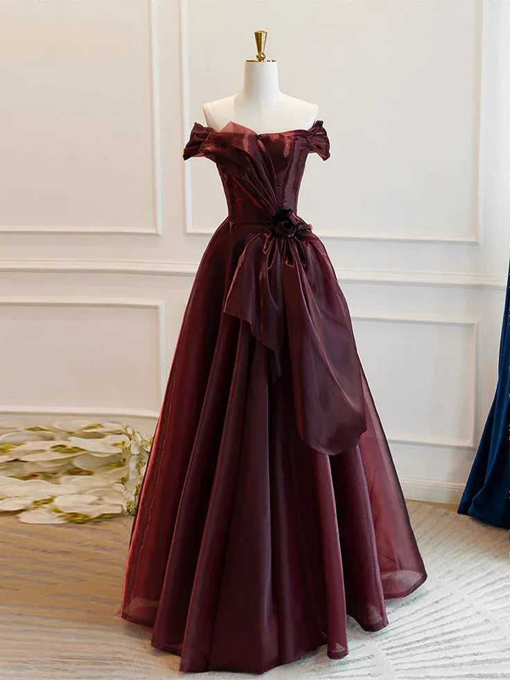 Vintage A-Line Off-Shoulder Lace Up Organza Burgundy Long Prom Dress With Bow