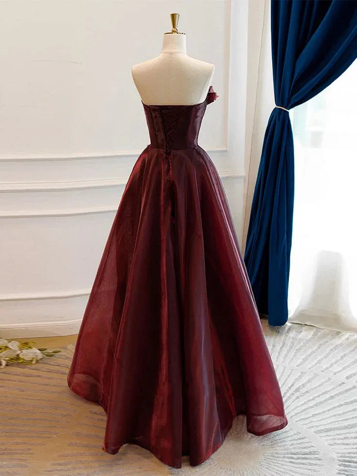 Vintage A-Line Off-Shoulder Lace Up Organza Burgundy Long Prom Dress With Bow