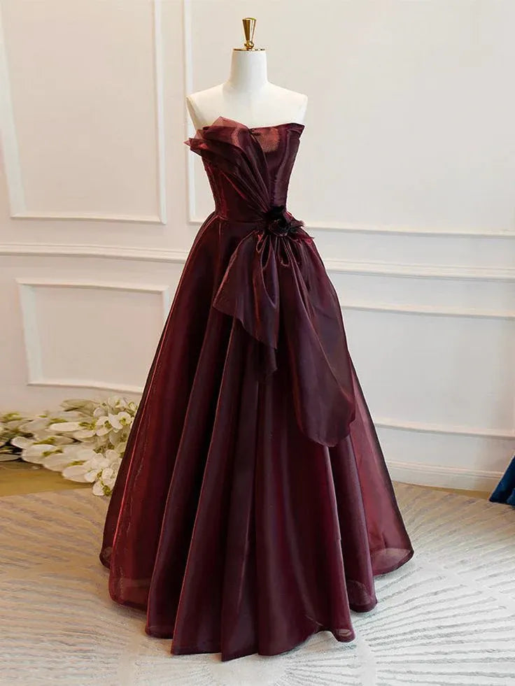 Vintage A-Line Off-Shoulder Lace Up Organza Burgundy Long Prom Dress With Bow