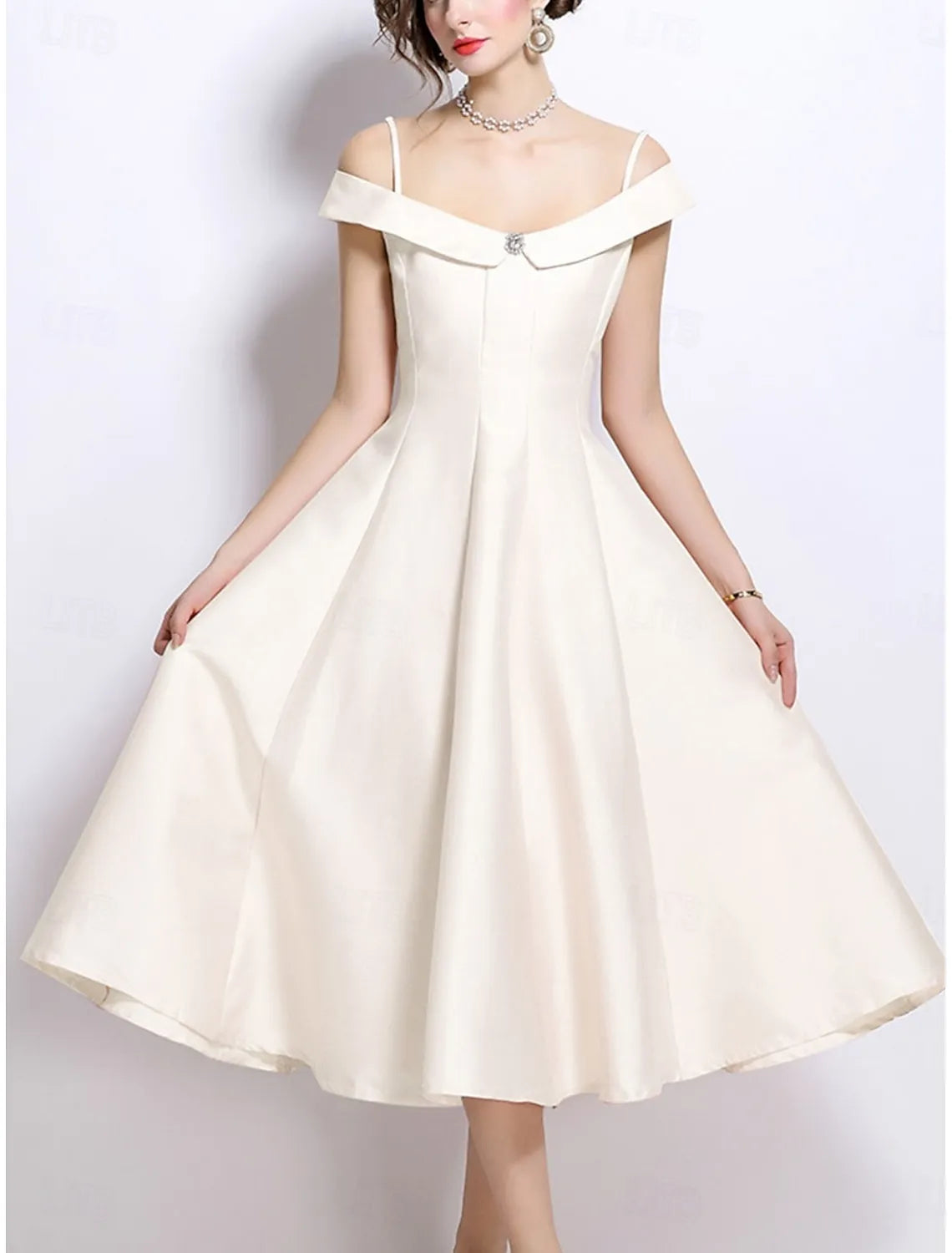 Vintage A-Line Off Shoulder Spaghetti Straps Beaded Ivory Tea Length Prom Dress