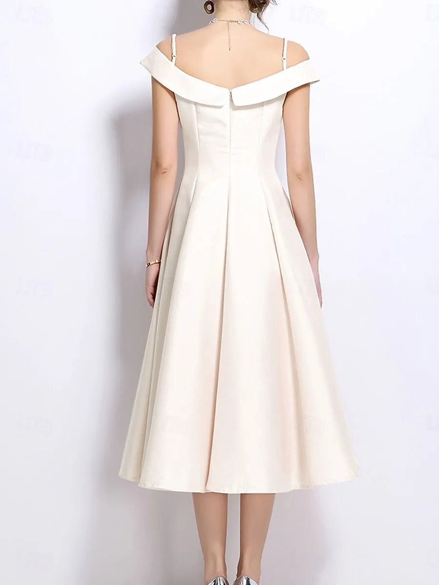 Vintage A-Line Off Shoulder Spaghetti Straps Beaded Ivory Tea Length Prom Dress